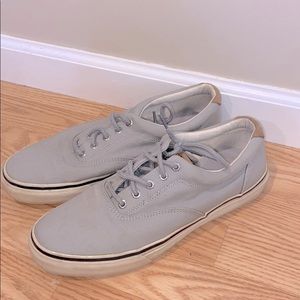 Men’s gray Sperry with tan and navy accents.